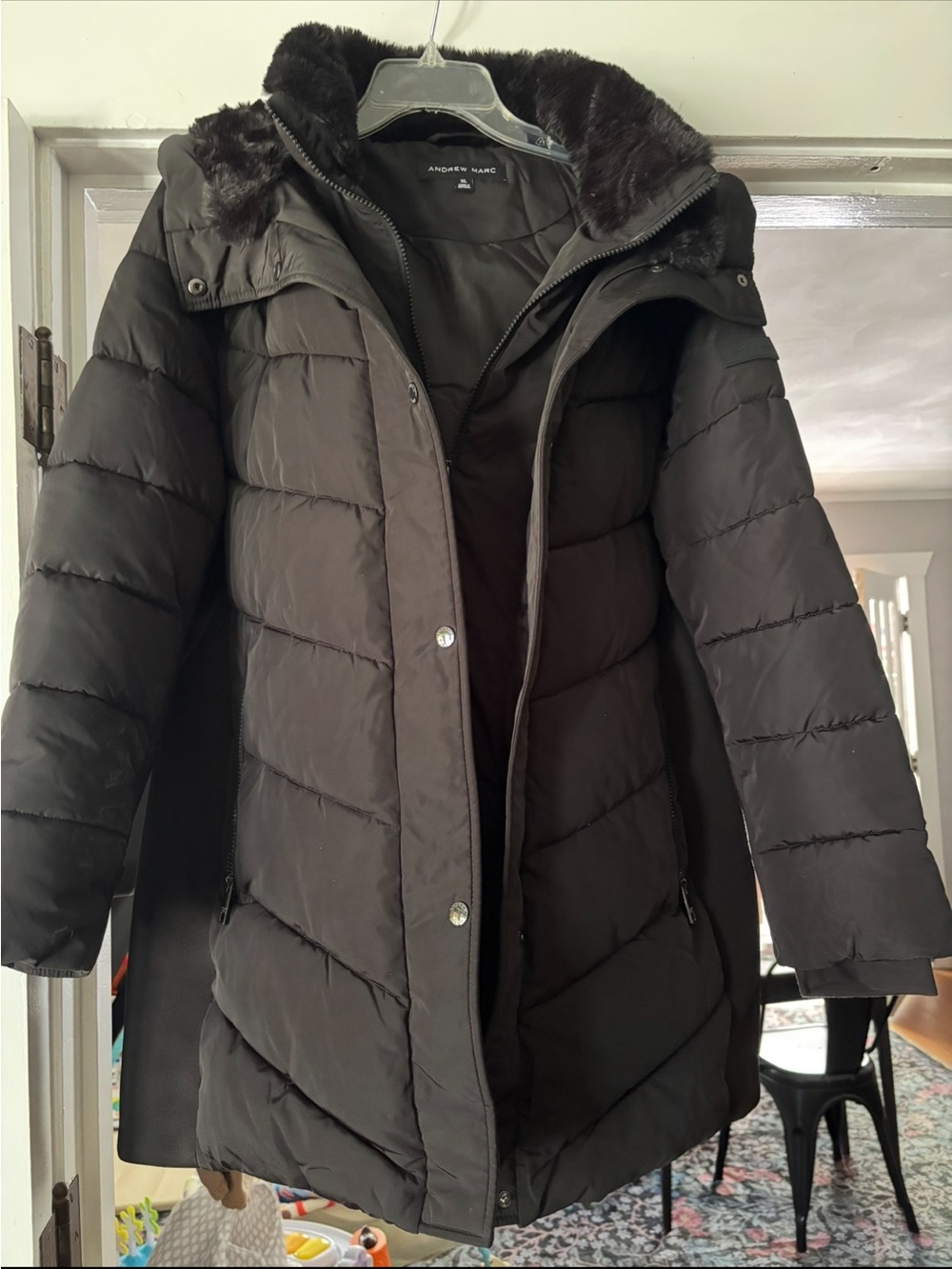 Andrew Marc Black Quilted Puffer Coat with Faux Fur Trim Hood